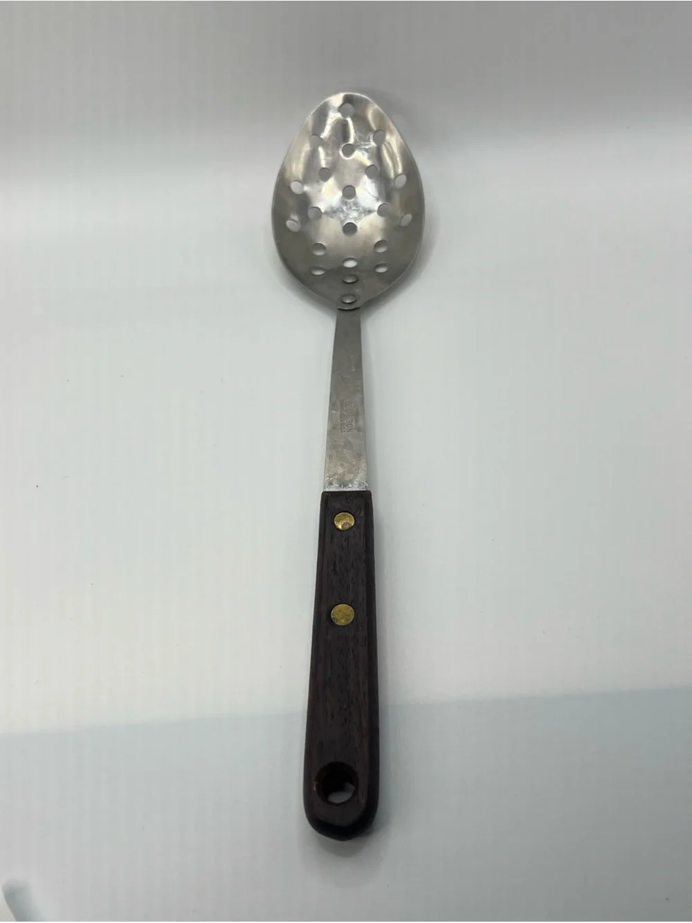 Vtg Robinson Knife Co Slotted Serving Spoon Stainless Steel Wood Handle USA